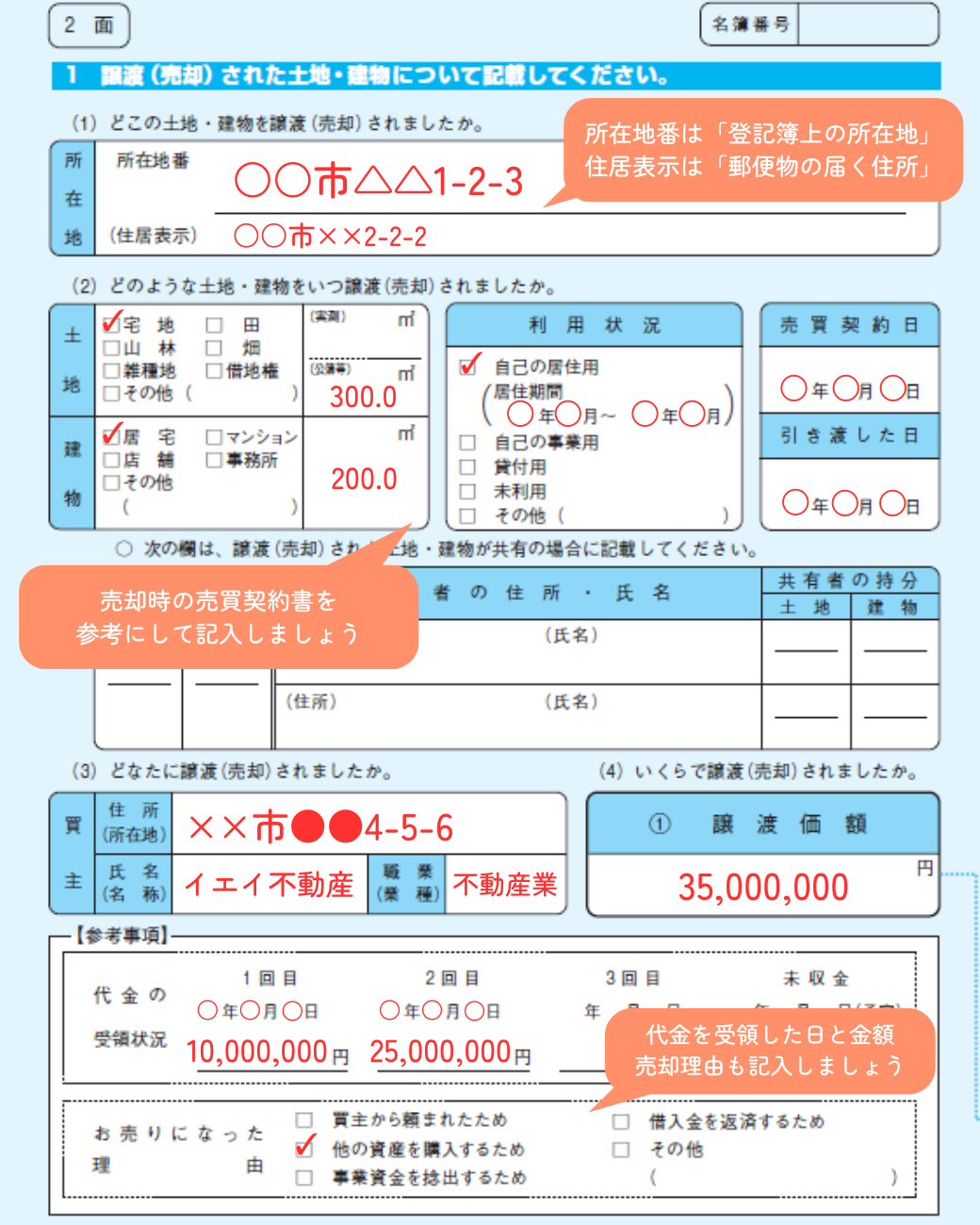 譲渡所得の内訳書2面の記入例　譲渡（売却）された土地や建物の情報を記入する